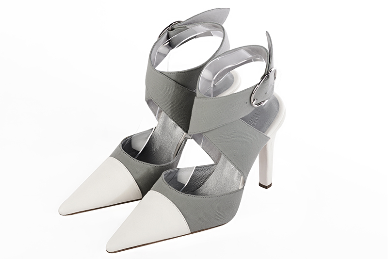 Pure white and dove grey women's open back shoes, with crossed straps. Pointed toe. Very high slim heel. Front view - Florence KOOIJMAN